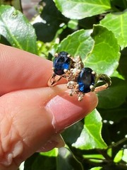 VINTAGE 14K GOLD BLUE SAPPHIRE DIAMOND TOI ET MOI RING ENGAGEMENT ANNIVERSARY