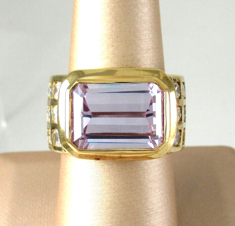 14k Yellow Gold on .925 Sterling Silver Statement Ring Lavender CZ Emerald Cut