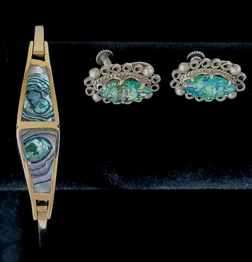 Vintage Jewelry 3pc Lot (1pr) .925 Screw Back Earring (1) Abalone Inlay Bracelet