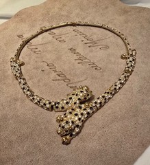 Vintage Articulated Double Green Eyed Leopard Panther Rhinestone Collar Necklace