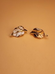 Vintage TRIFARI Signed Gold Tone White Enamel Leaf Clip on Earrings FREE $HIP!!