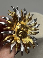 Vintage Gold & Silver Tone Sun Face Brooch Stamped JJ