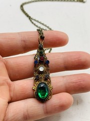 Vintage Gothic Green Colorful Rhinestone Filigree Cutout Bronze Tone Necklace