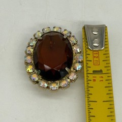 Vintage Brooch Brown Glass Cabochon Center AB Rhinestone Frame 1.25 Inches