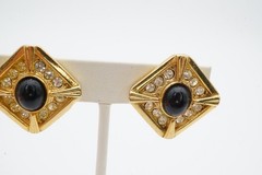 Vintage Clip On Earrings Gold Tone Rhinestone Black Cabochon