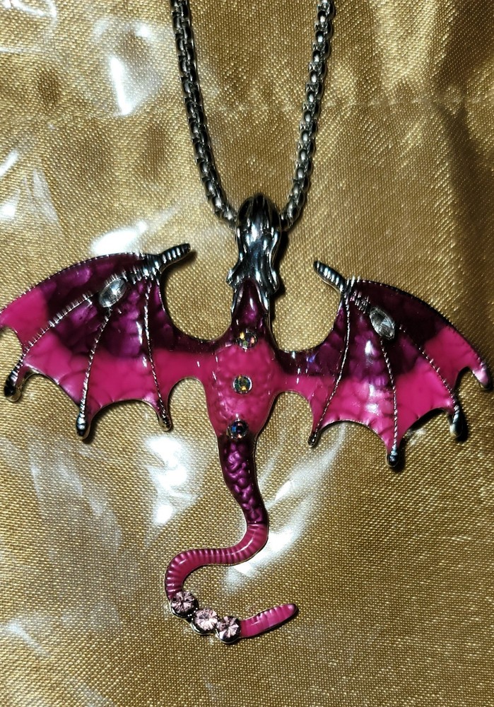 Vintage Oil Drip Flying Dragon Necklace In Purple and Pink w Stones 23. 5″ Chain