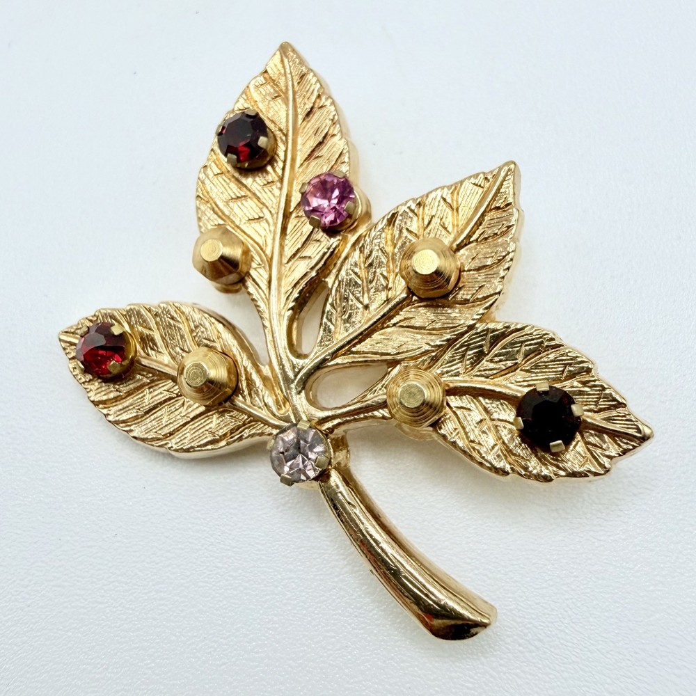 Anson Multi-Color Rhinestone Leaf Brooch Pin 1.5″ Vintage Signed Autumn