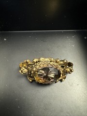 Vintage Scarf Clip Mid Century BOHO 60s Hinged Glass Cabochon Gold Tone Etched