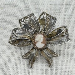 Antique Art Deco Cameo Filigree Brooch 800 Silver Sterling Trombone Clasp