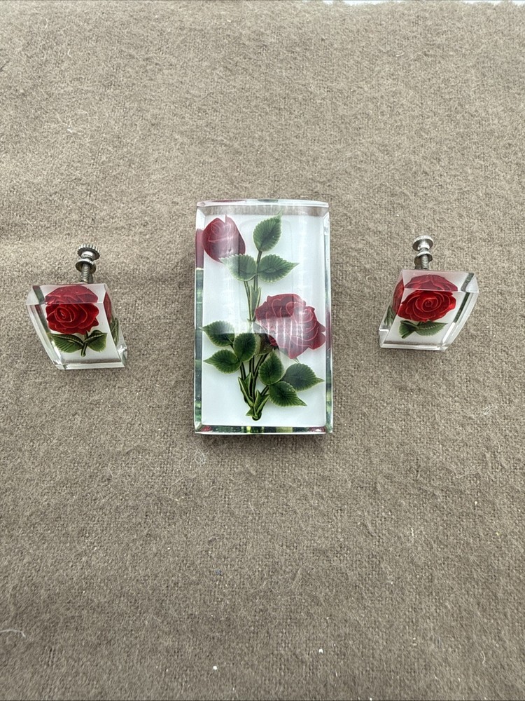Vintage Lucite Encased Red Rose Green Leaves Screw Back Earrings & Brooch Set