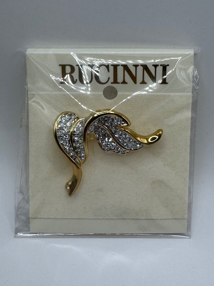 VINTAGE RUCINNI GOLD TONE BROOCH/ PIN WITH CLEAR ROUND CRYSTALS RHINESTONES