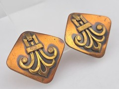 Unsigned Renoir Chunky Copper Brass Filigree Scroll Panel Bracelet Clip Earrings