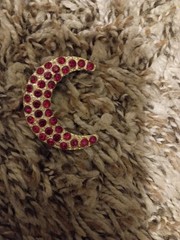 Vintage Crescent Moon Brooch Red Rhinestones Silver Tone 1.5″