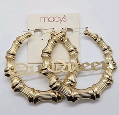 QUEEN Bamboo Hoop Earrings Pincatch 80’s Style Hip Hop Designer 3.5 in