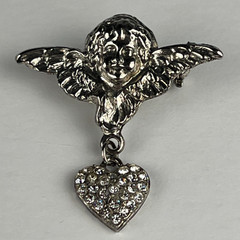 Vintage Silver Tone Cherub Angel Brooch Clear Rhinestone Dangle Heart Pin 1.75”