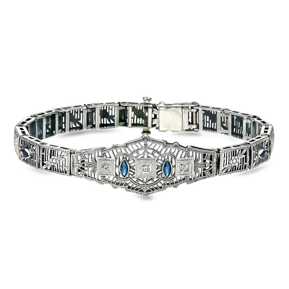 Vint Synth Sapphire Brclt in 10kt White Gold w Diamonds 6.25 inches
