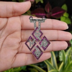 Square Shape Ruby and Studded CZ 925 Sterling Silver Evening Wear Pin Brooch