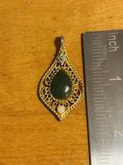 Vintage 1974 Gold Filled Jade Diamond And Pearl Filigree Pendant