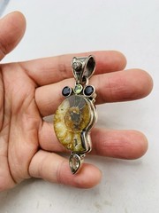 Vintage Sterling Silver 925 Peridot Smoky Topaz Gemstone Ammonite Fossil Pendant