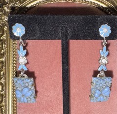 Art Deco Enamel Sky Blue Enamel Celluloid Daisies Clover Czech Vtg Drop Earrings