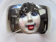 OOAK Clay Art Face Bracelet Cuff Silver-tone Metal VTG 1990s Iridescent Beads