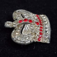 Vintage Pot Metal Rhinestone Brooch Silver Tone Crown 1.25″ READ