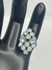 Navette pale blue rhinestone adjustable band cocktail vintage ring silver tone
