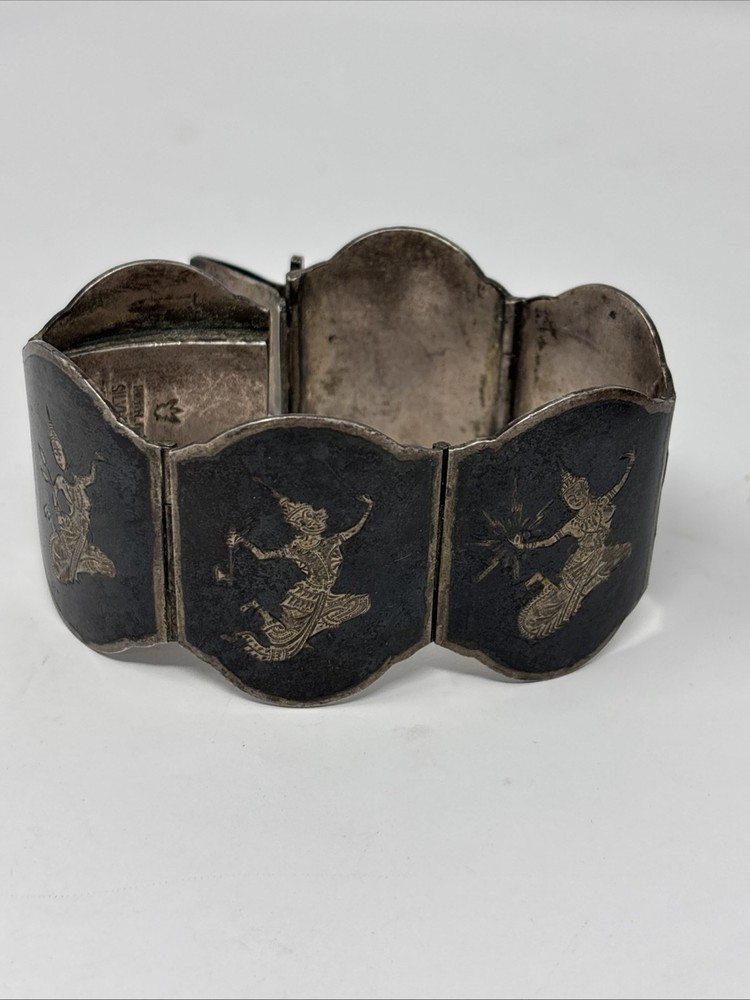 Vtg Thai Nakon 939 Sterling Silver Niello Siam Goddess Panel Bracelet 79.9Grams
