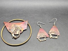 Vintage Copper Metal Earring And Brooch Pin Jewelry Set Handmade Art Soldered