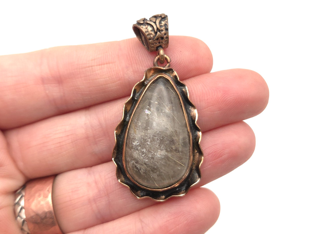 Vintage Mid Century Copper Rutilated Quartz Teardrop Pendant for Necklace