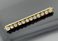 Antique Rhinestone Bar Brooch Gold Tone White Stones 2 5/16″ LONG PIN Prong Set