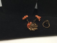 Dainty Coral Colored Pin, Clip Earrings And Ring