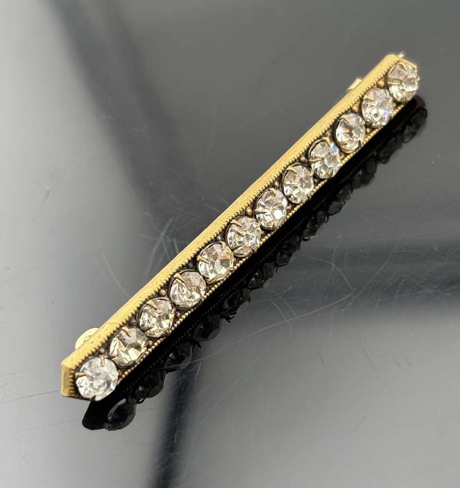 Antique Rhinestone Bar Brooch Gold Tone White Stones 2 5/16″ LONG PIN Prong Set