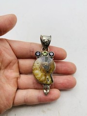 Vintage Sterling Silver 925 Peridot Smoky Topaz Gemstone Ammonite Fossil Pendant
