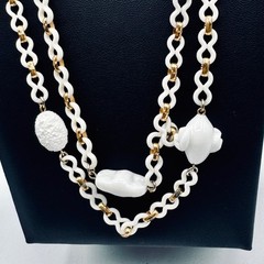 Vintage White Milk Glass & Acrylic Charm Necklace 30″ Drop Mid-Century Statement