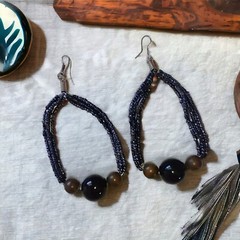 Beaded Hoop Earrings Black Dangle Large Metallic Bohemian Lightweight Vtg Witchy