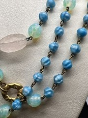 Vintage Freirich Blue White Green Pink Art glass Goldtone 62” necklace earring