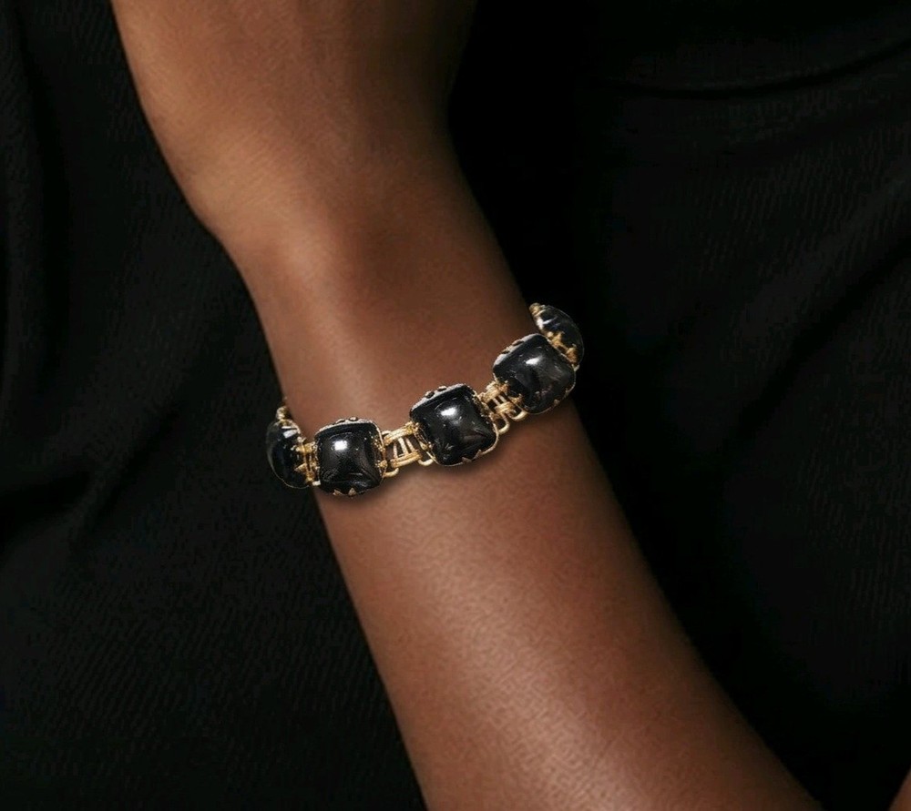 Vintage German Black Glass Cabochon Bracelet (circa 1940s–1950s)