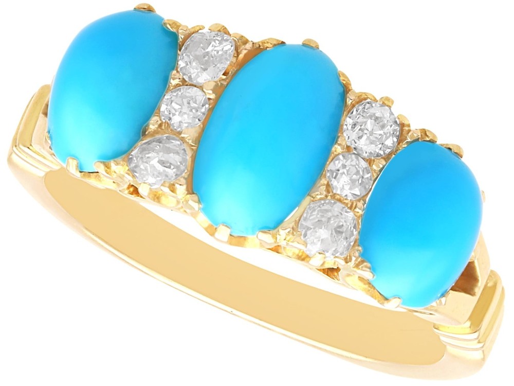 Antique 1.65Ct Turquoise, 0.24Ct Diamond and 15k Yellow Gold Ring Circa 1890