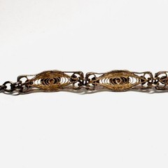 STERLING SILVER bracelet filigree scrolled panel links tiny coral glass cabs 10g