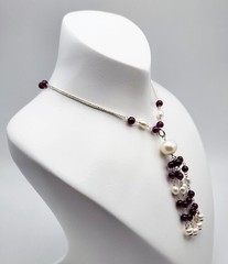 Vintage Sterling Silver 10mm Pearl Rhodolite Garnet Beaded Tassel Necklace 19″