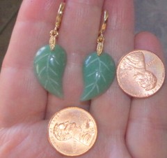 Vintage Genuine 14K GF Green Jadeite Jade Carved Leaf Hoop Earrings