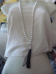 WHBM GRADUATED FAUX PEARLS SILVER TONE SPACERS w BLACK TASSEL NECKLACE #23/5A