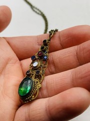 Vintage Gothic Green Colorful Rhinestone Filigree Cutout Bronze Tone Necklace