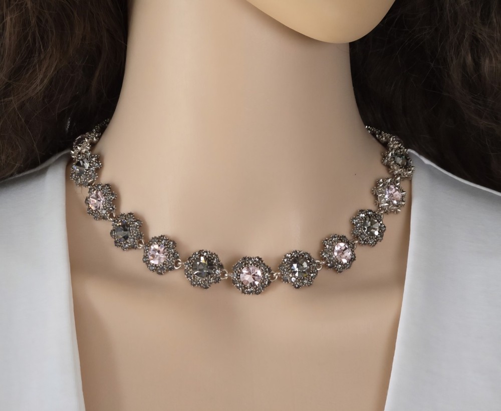 Pink & Gray Rhinestone Choker Necklace Silver Tone Dark Romance Jewelry
