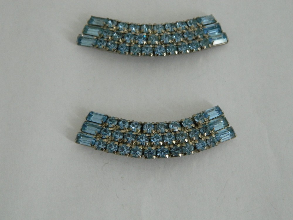 Vintage Pale Blue Round and Baguette Rhinestone Dress Clips Silver Tone