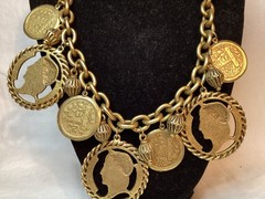Vintage Gold Tone Faux Old Coin Design Necklace Unmarked 17” Chain