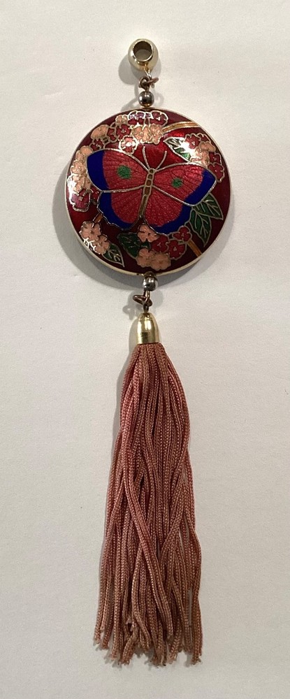 Vintage Asian Double Sided Butterfly Cloisonne Pendant Ornament With Tassel