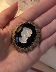 Vintage West Germany Black Glass Cameo Brooch & Clip-On Earrings Jewelry Set