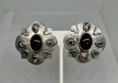 Vikki Carr Estate Native American Onyx Agate Silver Earrings Certificate Authent
